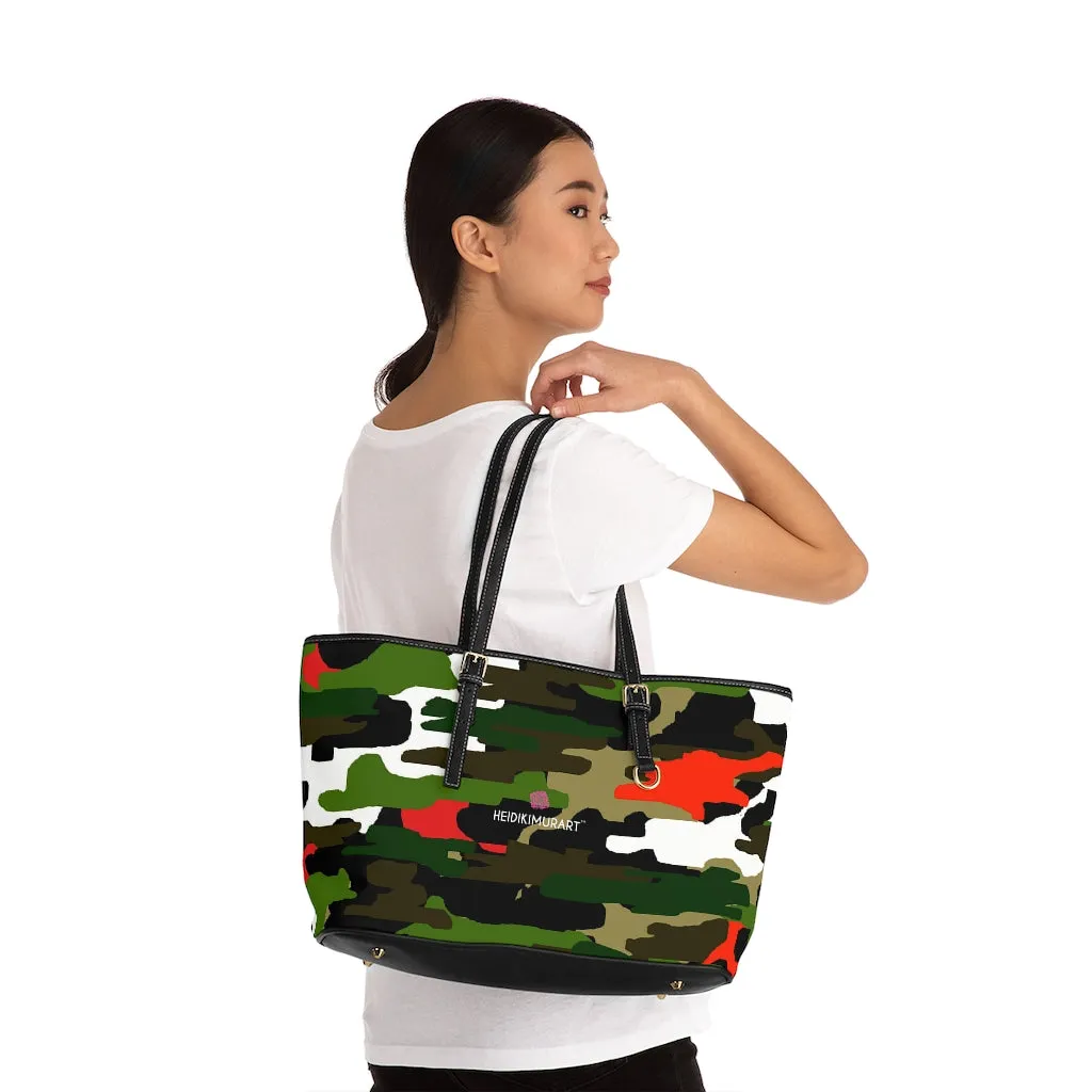 Green Camo Printed Tote Bag, Army Printed PU Leather Shoulder Hand Work Bag 17"x11"/ 16"x10"