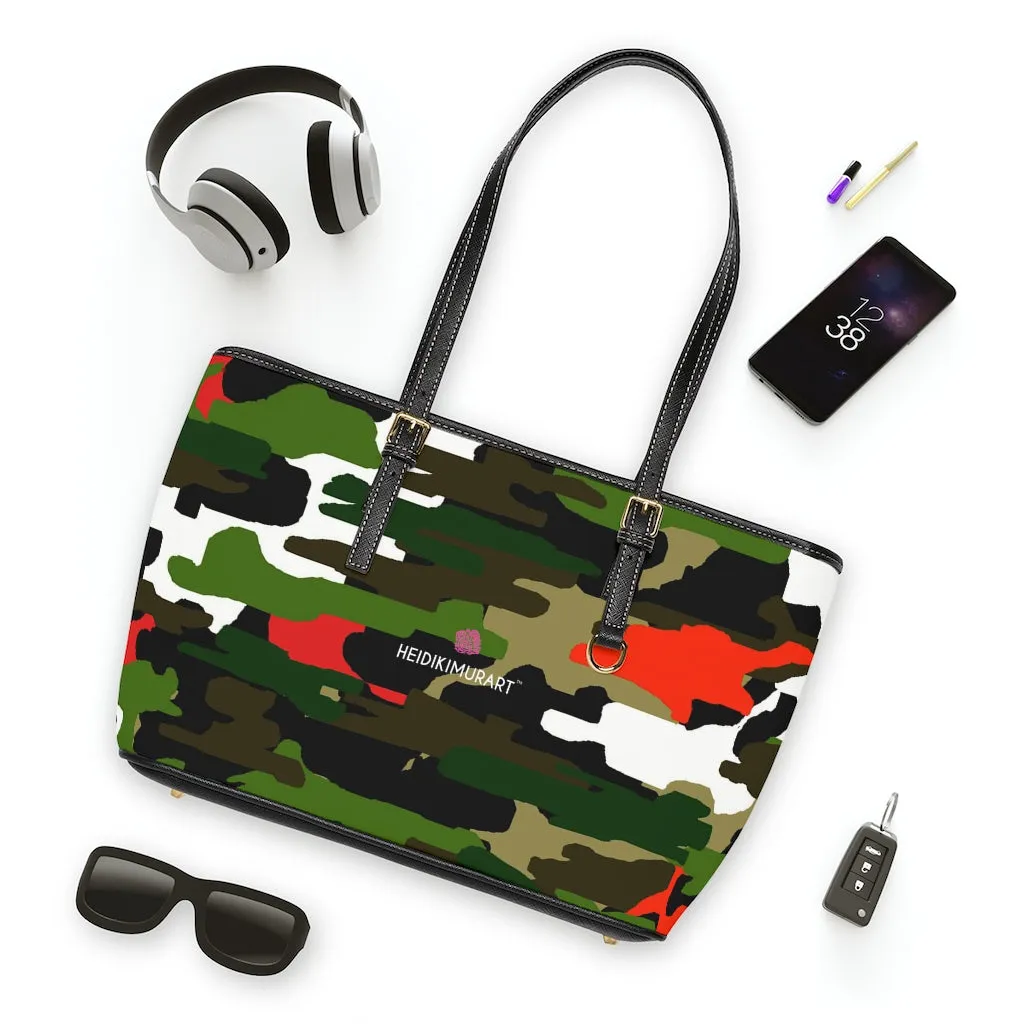 Green Camo Printed Tote Bag, Army Printed PU Leather Shoulder Hand Work Bag 17"x11"/ 16"x10"