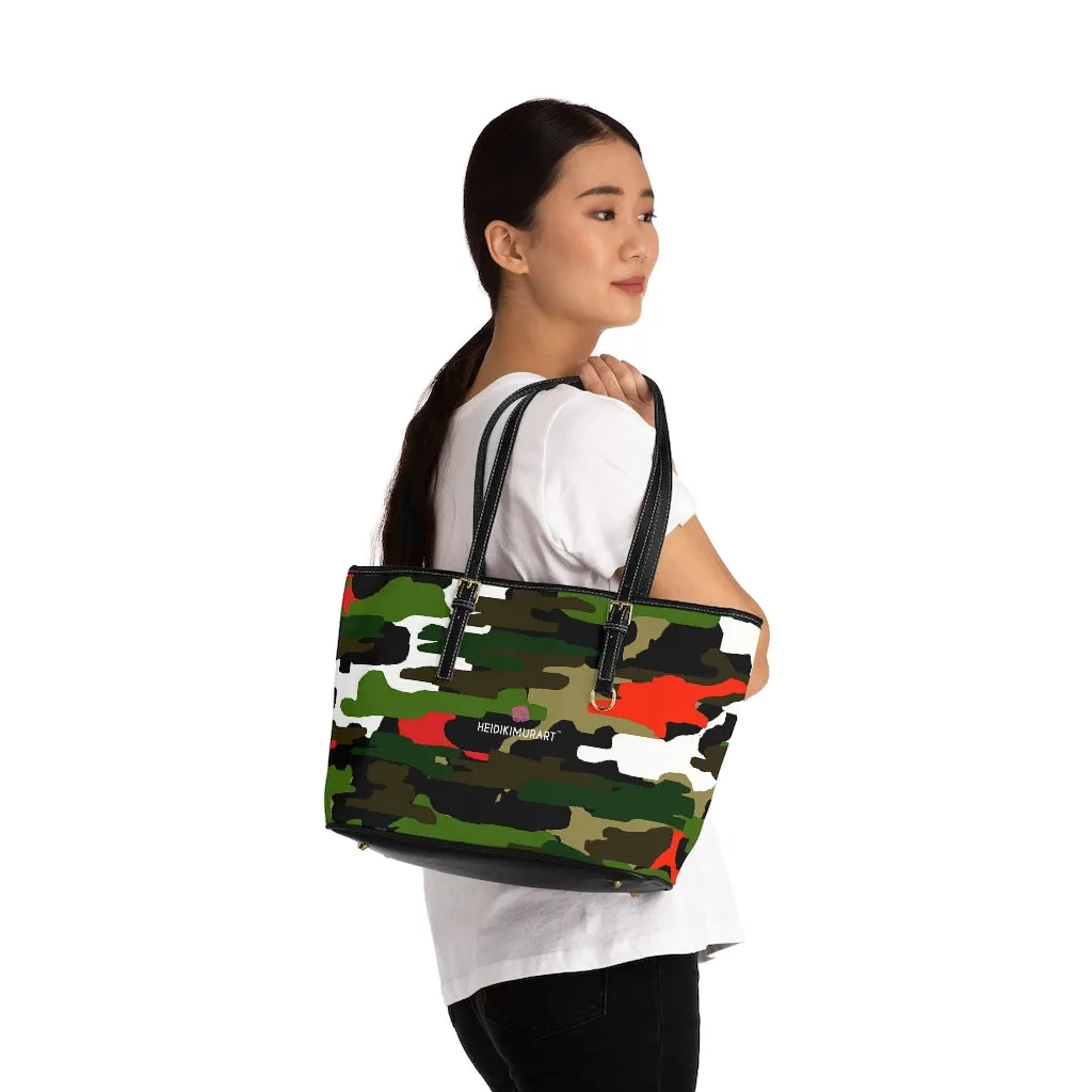 Green Camo Printed Tote Bag, Army Printed PU Leather Shoulder Hand Work Bag 17"x11"/ 16"x10"