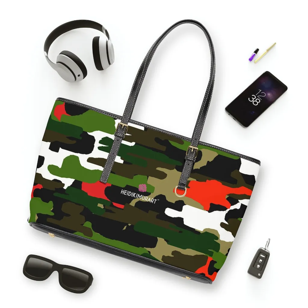 Green Camo Printed Tote Bag, Army Printed PU Leather Shoulder Hand Work Bag 17"x11"/ 16"x10"