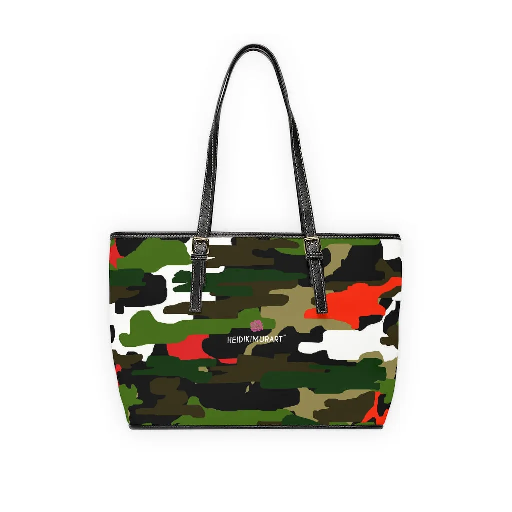 Green Camo Printed Tote Bag, Army Printed PU Leather Shoulder Hand Work Bag 17"x11"/ 16"x10"