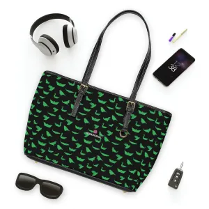 Green Crane Print Tote Bag, Japanese Style PU Leather Shoulder Hand Work Bag 17"x11"/ 16"x10"