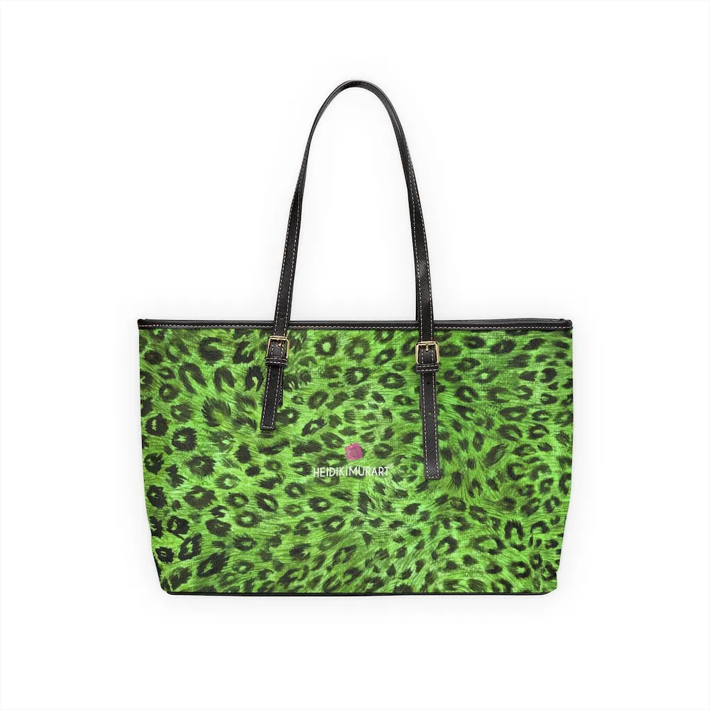 Green Leopard Best Tote Bag, Animal Print PU Leather Shoulder Hand Work Bag 17"x11"/ 16"x10"