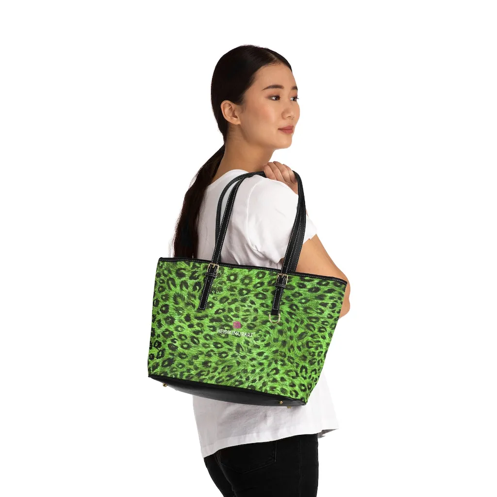 Green Leopard Best Tote Bag, Animal Print PU Leather Shoulder Hand Work Bag 17"x11"/ 16"x10"