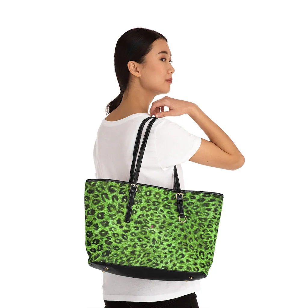 Green Leopard Print Tote Bag, Animal Print PU Leather Shoulder Hand Work Bag 17"x11"/ 16"x10"