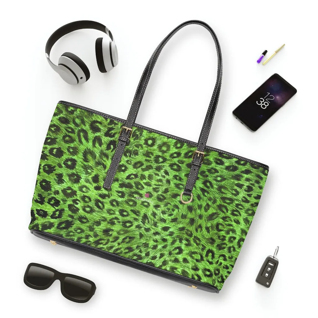 Green Leopard Print Tote Bag, Animal Print PU Leather Shoulder Hand Work Bag 17"x11"/ 16"x10"