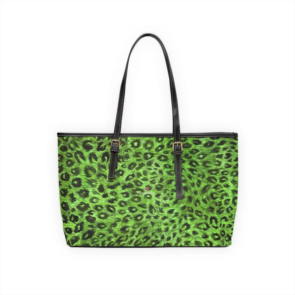 Green Leopard Print Tote Bag, Animal Print PU Leather Shoulder Hand Work Bag 17"x11"/ 16"x10"