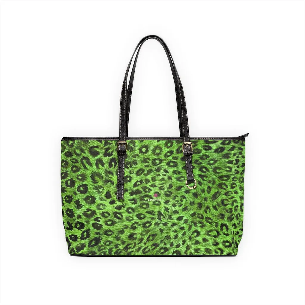 Green Leopard Print Tote Bag, Animal Print PU Leather Shoulder Hand Work Bag 17"x11"/ 16"x10"