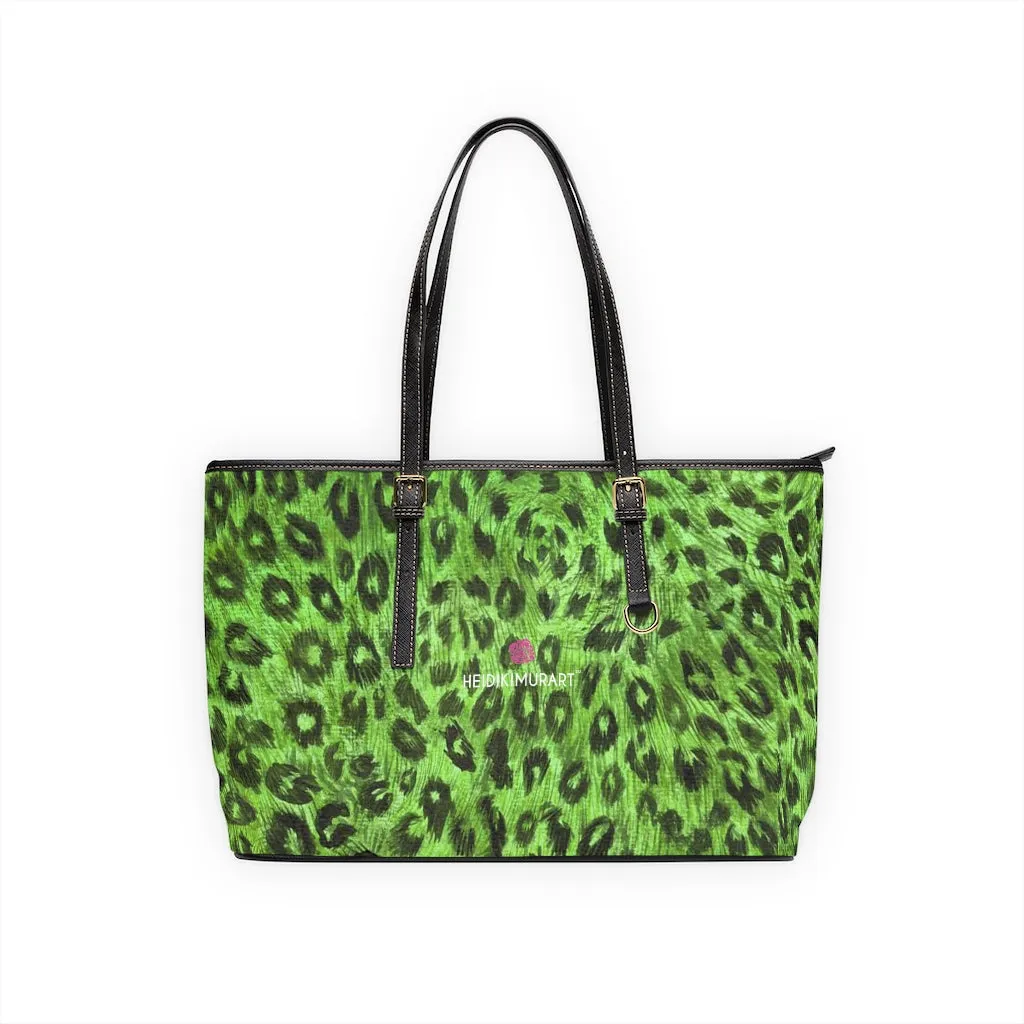 Green Leopard Tote Bag, Animal Print PU Leather Shoulder Hand Work Bag 17"x11"/ 16"x10"