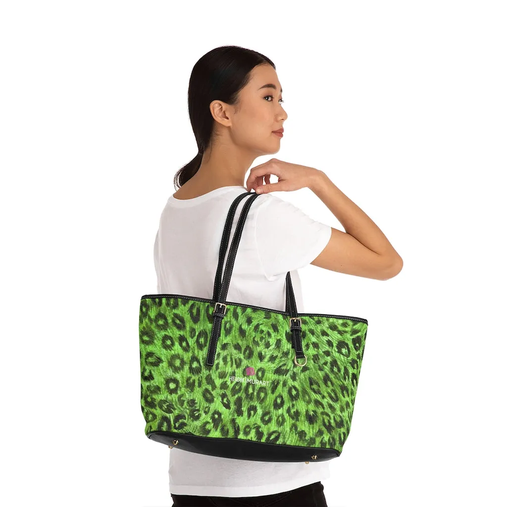 Green Leopard Tote Bag, Animal Print PU Leather Shoulder Hand Work Bag 17"x11"/ 16"x10"