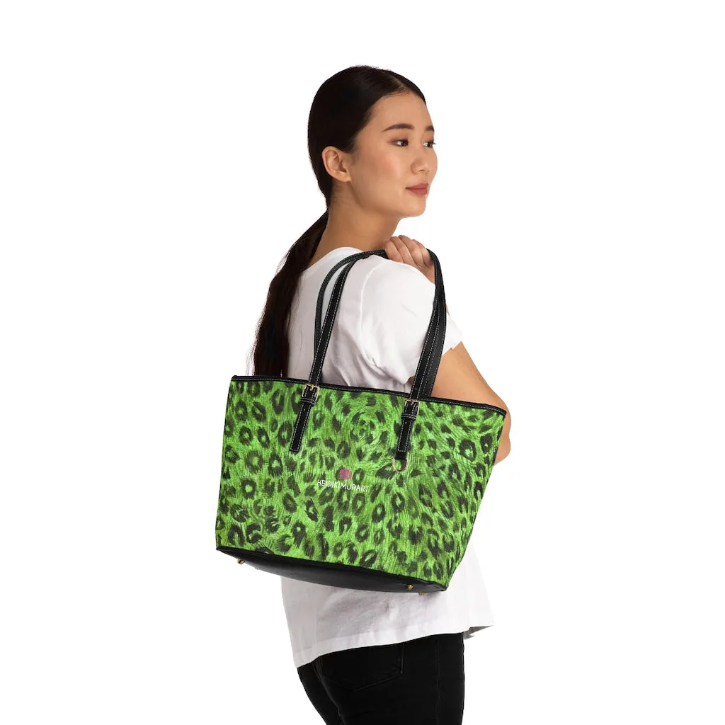 Green Leopard Tote Bag, Animal Print PU Leather Shoulder Hand Work Bag 17"x11"/ 16"x10"