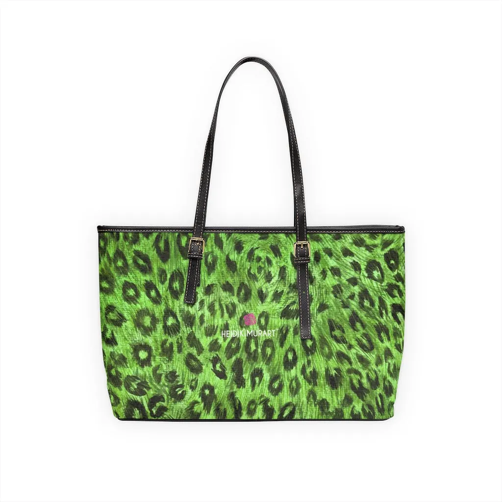 Green Leopard Tote Bag, Animal Print PU Leather Shoulder Hand Work Bag 17"x11"/ 16"x10"