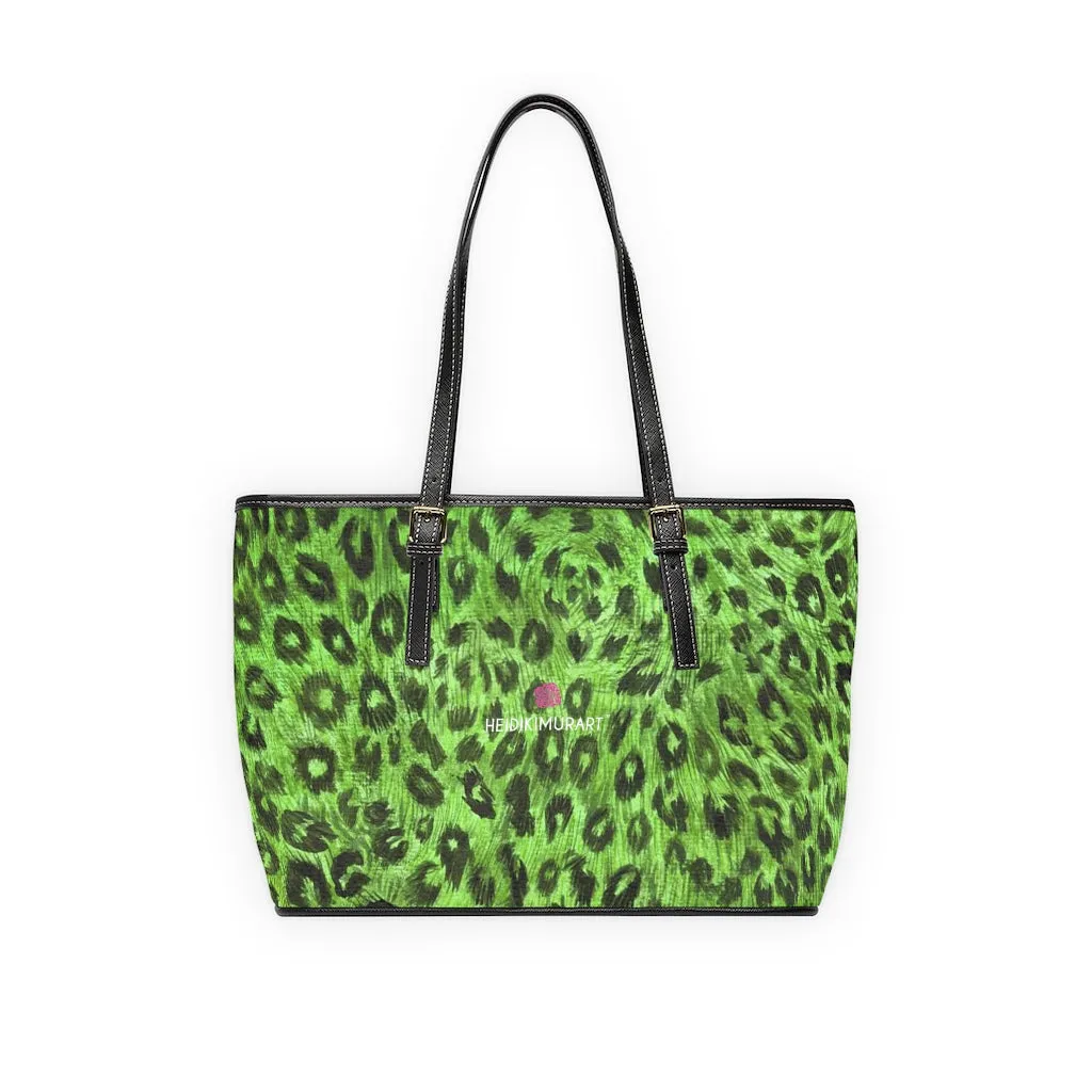 Green Leopard Tote Bag, Animal Print PU Leather Shoulder Hand Work Bag 17"x11"/ 16"x10"