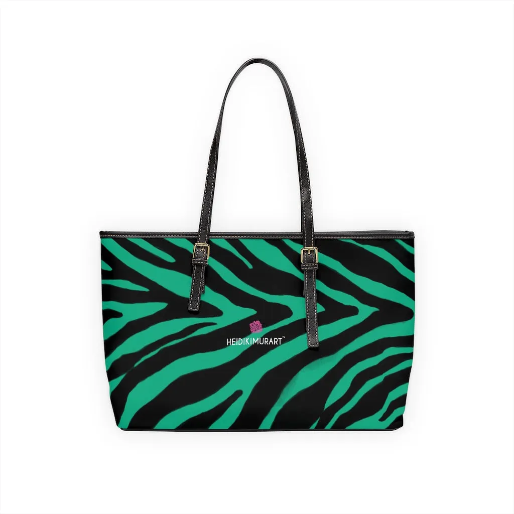 Green Zebra Print Tote Bag, Animal Print PU Leather Shoulder Hand Work Bag 17"x11"/ 16"x10" For Ladies