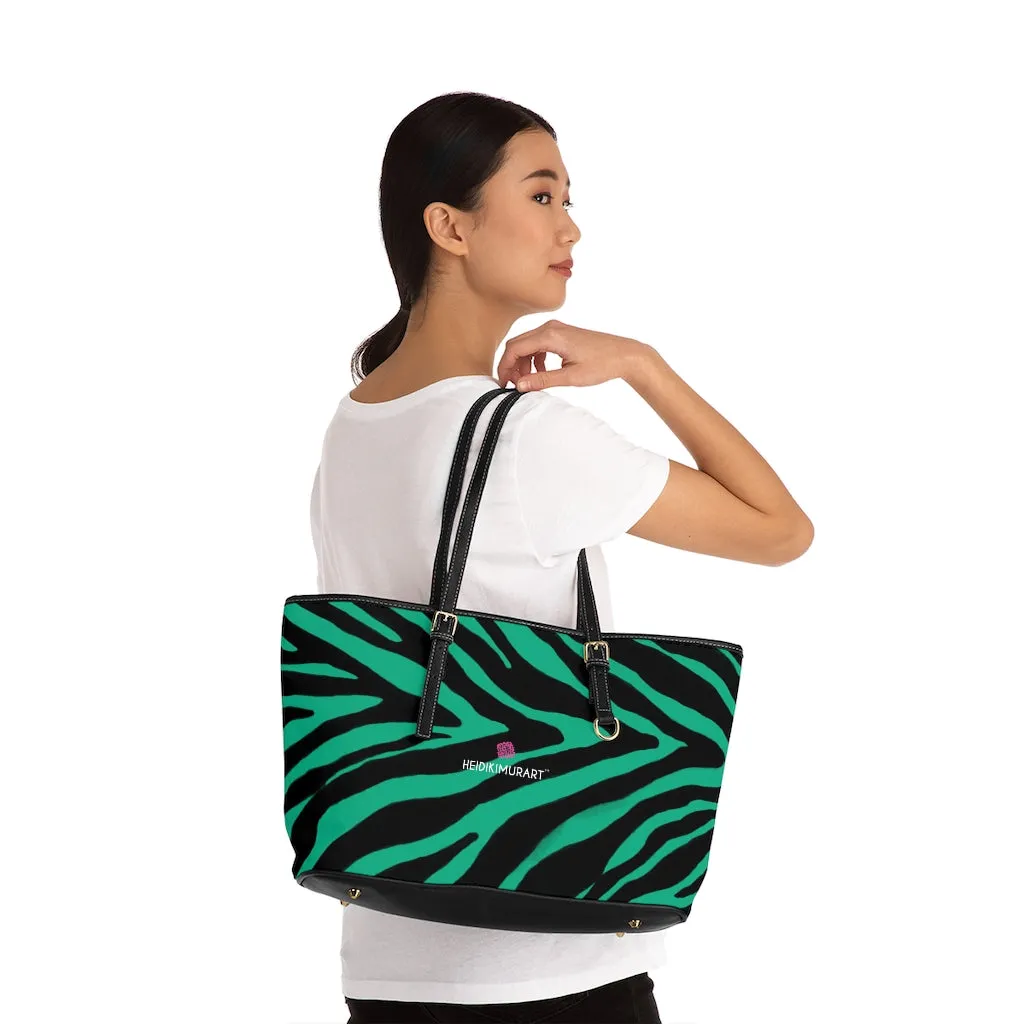 Green Zebra Print Tote Bag, Animal Print PU Leather Shoulder Hand Work Bag 17"x11"/ 16"x10" For Ladies