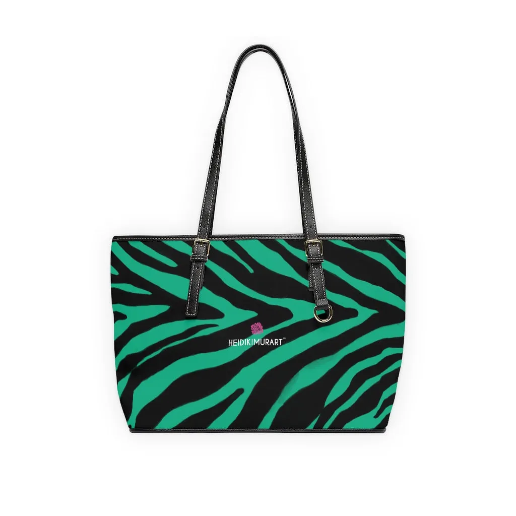 Green Zebra Print Tote Bag, Animal Print PU Leather Shoulder Hand Work Bag 17"x11"/ 16"x10" For Ladies