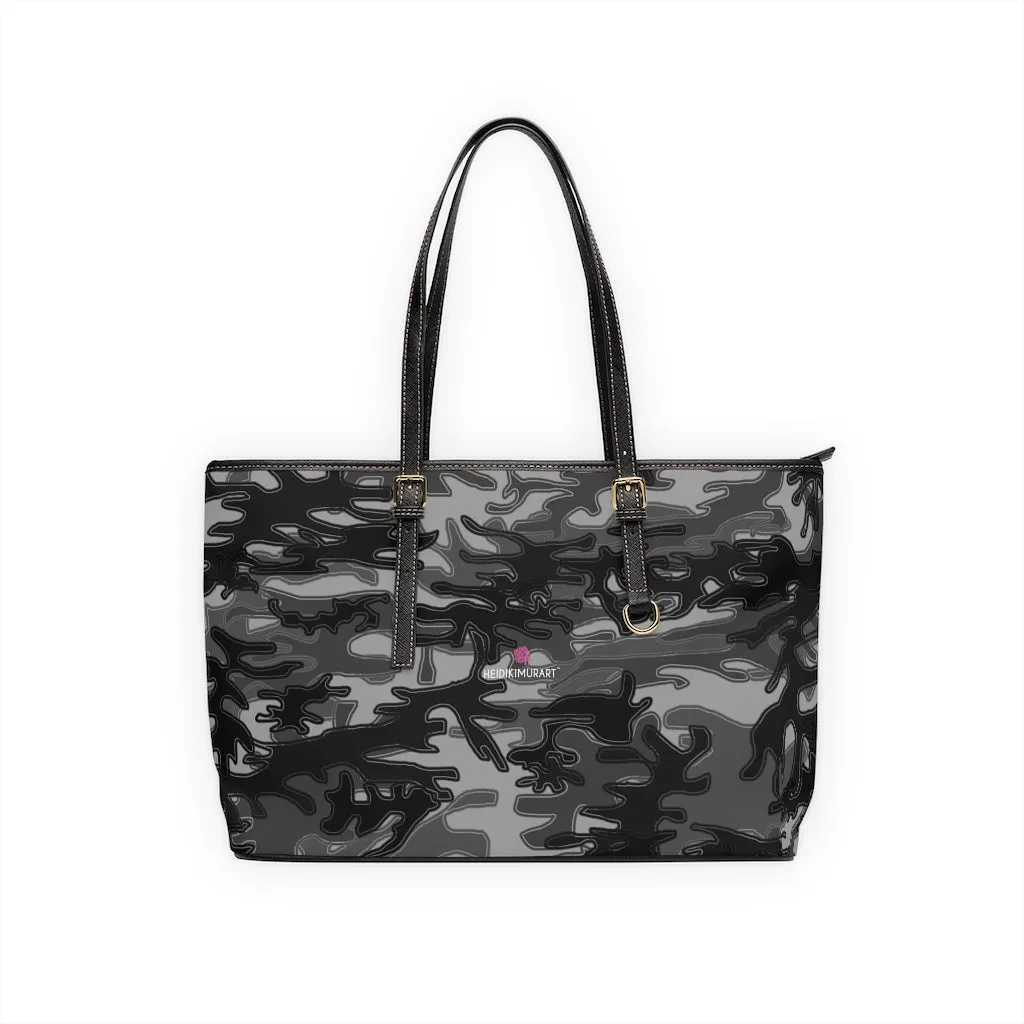 Grey Camo Print Tote Bag, Army Printed PU Leather Shoulder Hand Work Bag 17"x11"/ 16"x10"