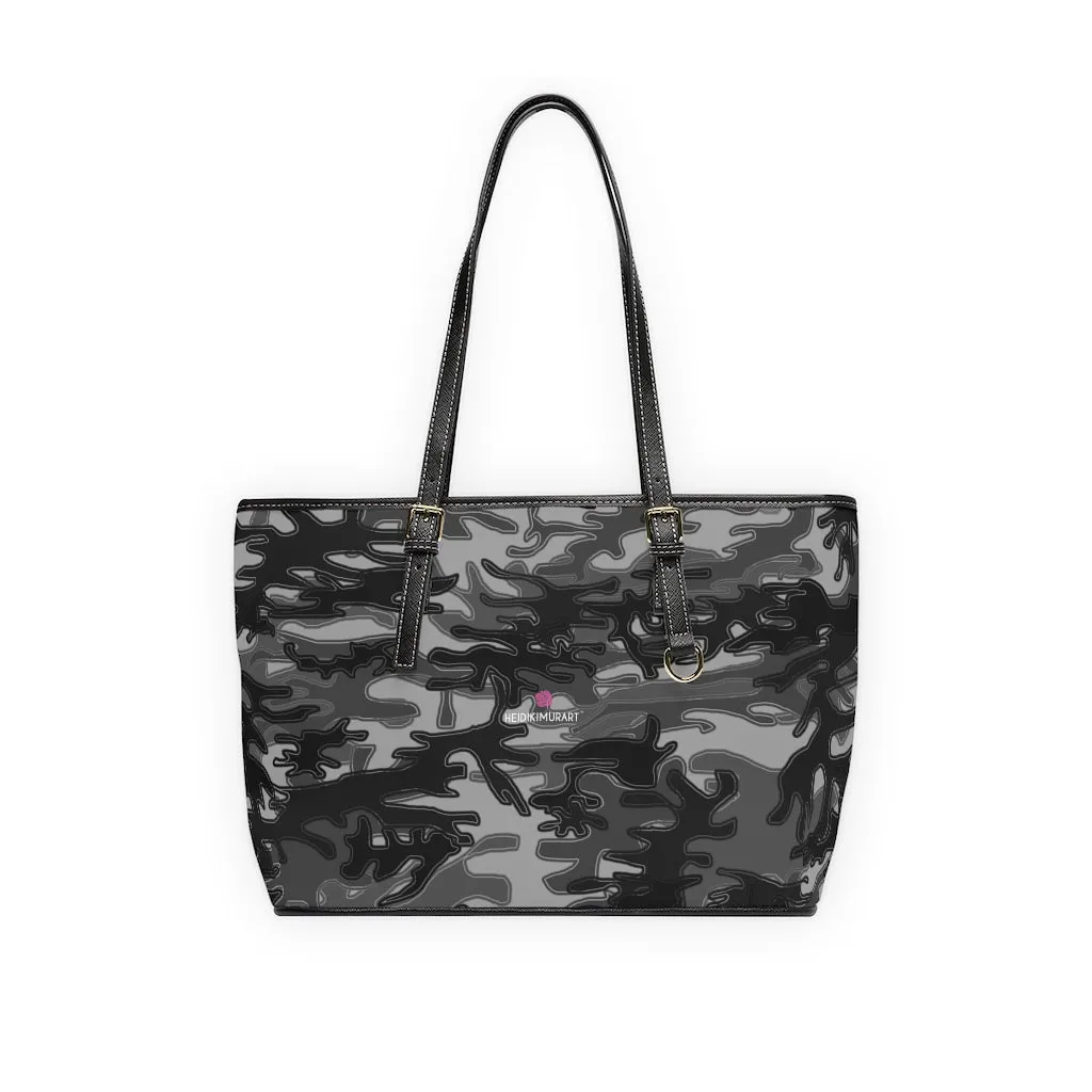 Grey Camo Print Tote Bag, Army Printed PU Leather Shoulder Hand Work Bag 17"x11"/ 16"x10"