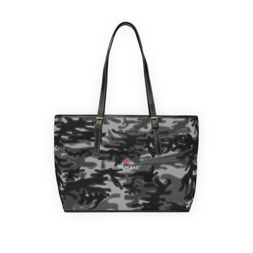 Grey Camo Print Tote Bag, Army Printed PU Leather Shoulder Hand Work Bag 17"x11"/ 16"x10"