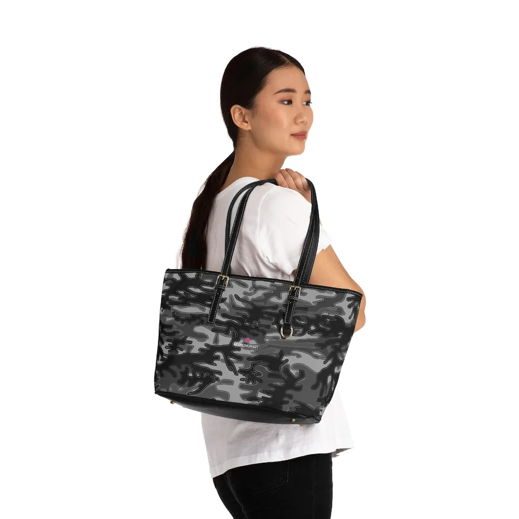 Grey Camo Print Tote Bag, Army Printed PU Leather Shoulder Hand Work Bag 17"x11"/ 16"x10"