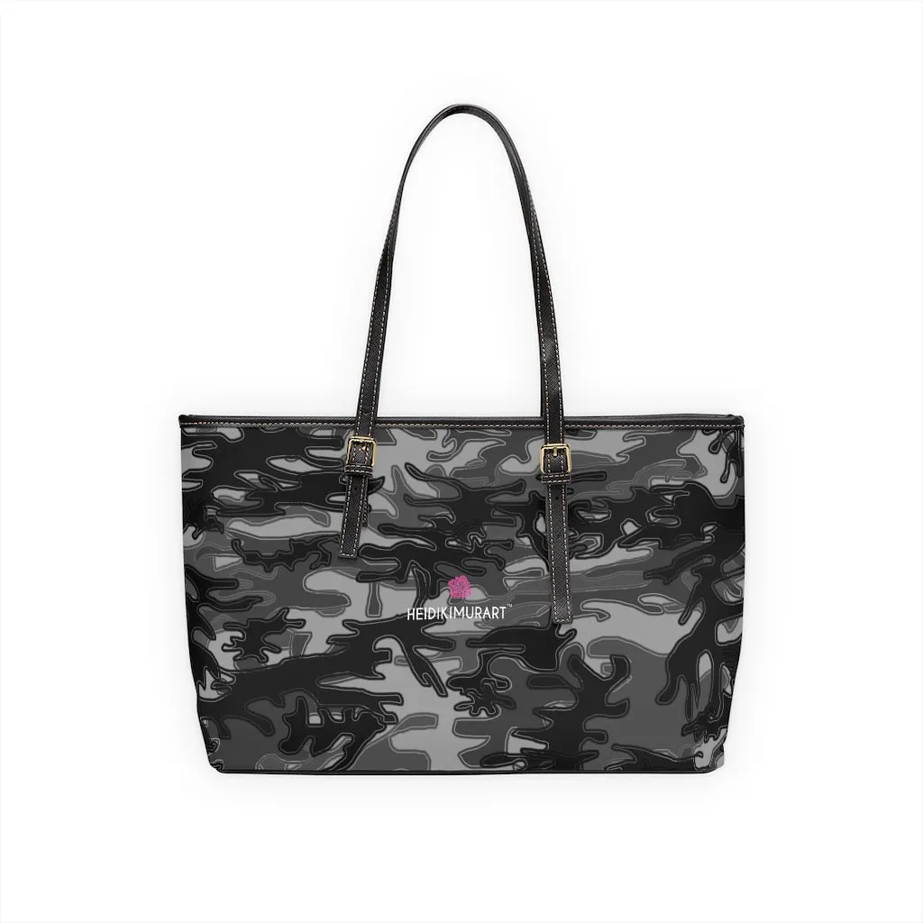 Grey Camo Print Tote Bag, Army Printed PU Leather Shoulder Hand Work Bag 17"x11"/ 16"x10"