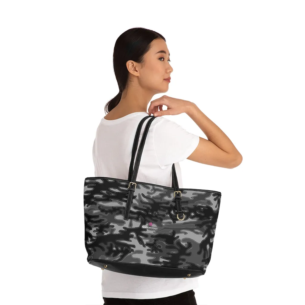 Grey Camo Print Tote Bag, Army Printed PU Leather Shoulder Hand Work Bag 17"x11"/ 16"x10"