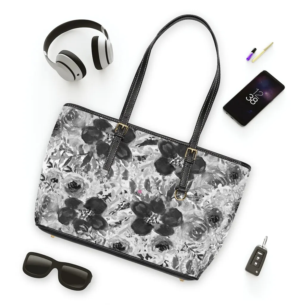 Grey Floral Rose Tote Bag, Flower Print Best Designer Women's PU Leather Shoulder Hand Work Bag