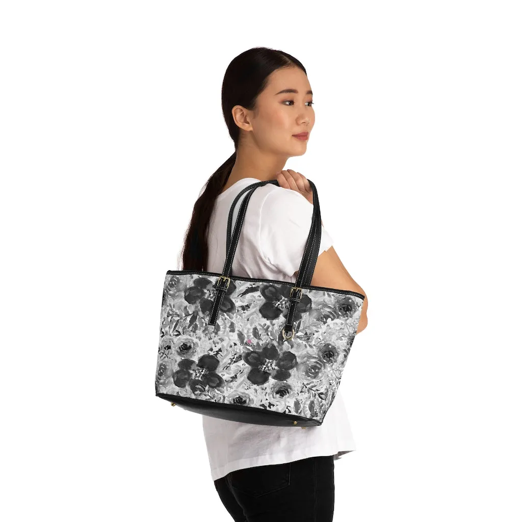 Grey Floral Rose Tote Bag, Flower Print Best Designer Women's PU Leather Shoulder Hand Work Bag