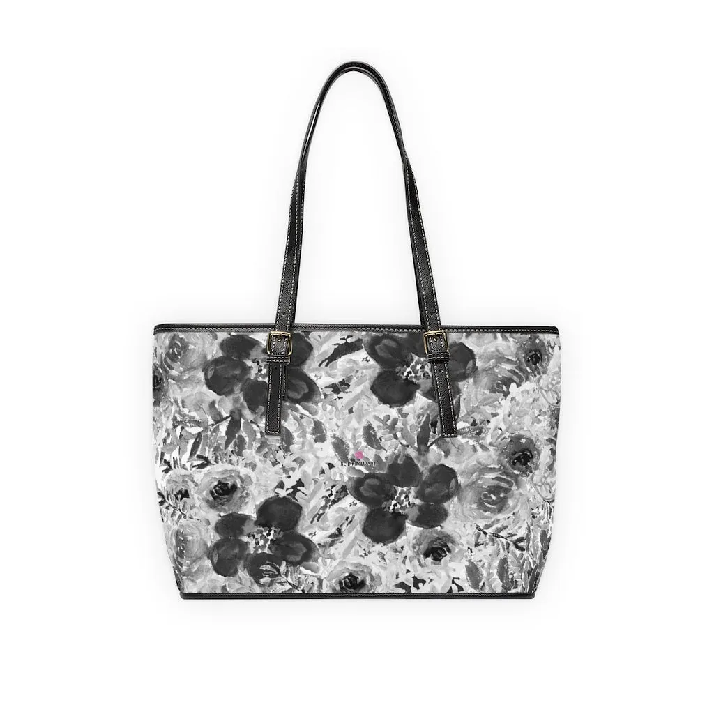 Grey Floral Rose Tote Bag, Flower Print Best Designer Women's PU Leather Shoulder Hand Work Bag