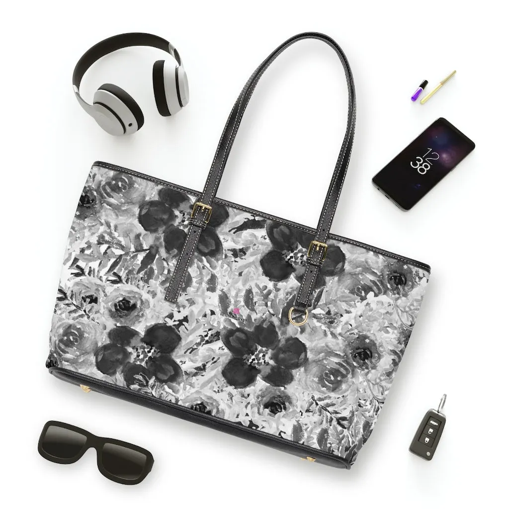 Grey Floral Rose Tote Bag, Flower Print Best Designer Women's PU Leather Shoulder Hand Work Bag