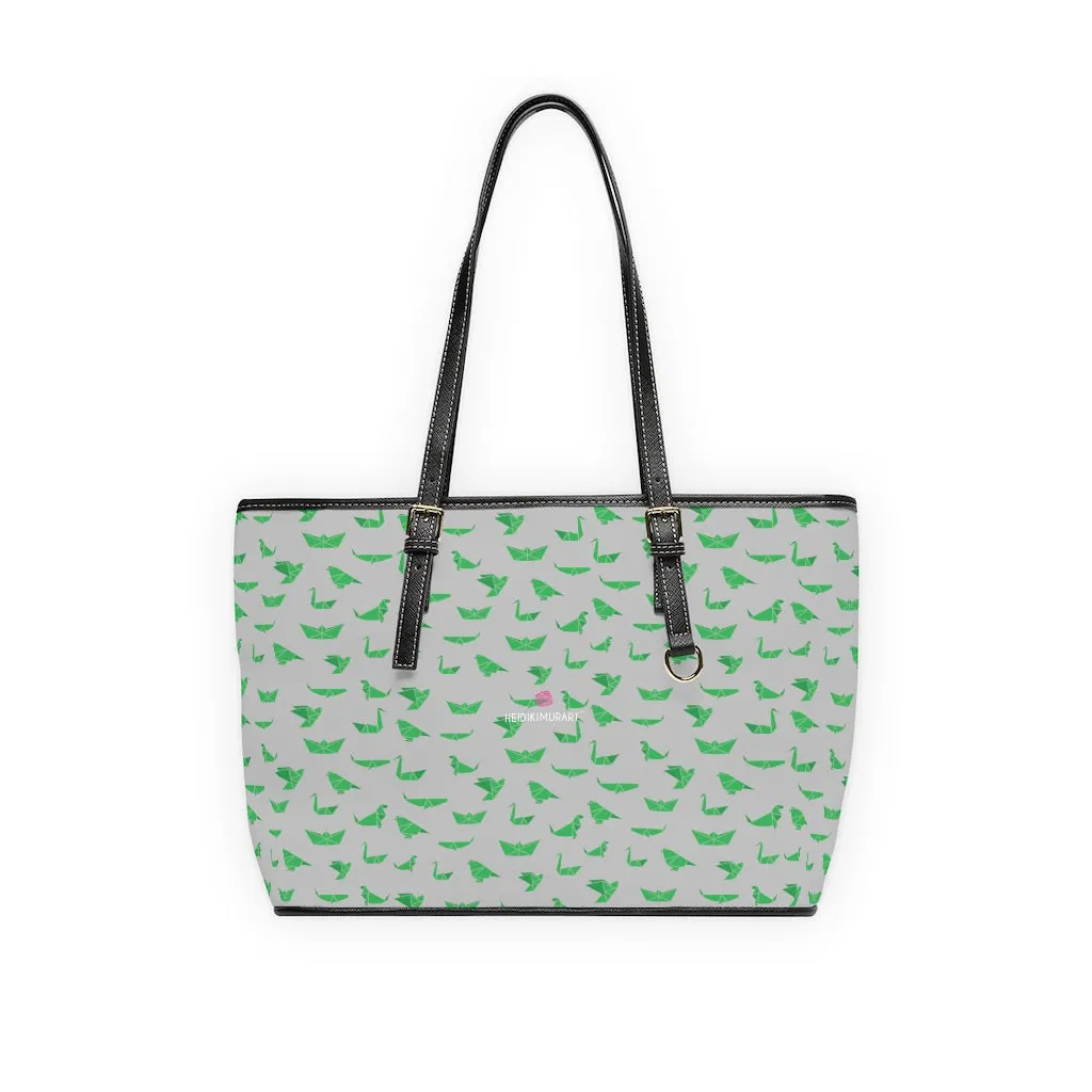 Grey Green Crane Tote Bag, Japanese Style PU Leather Shoulder Hand Work Bag 17"x11"/ 16"x10"