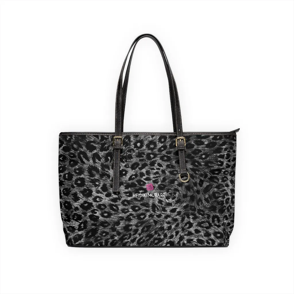 Grey Leopard Best Tote Bag, Animal Print PU Leather Shoulder Hand Work Bag 17"x11"/ 16"x10"