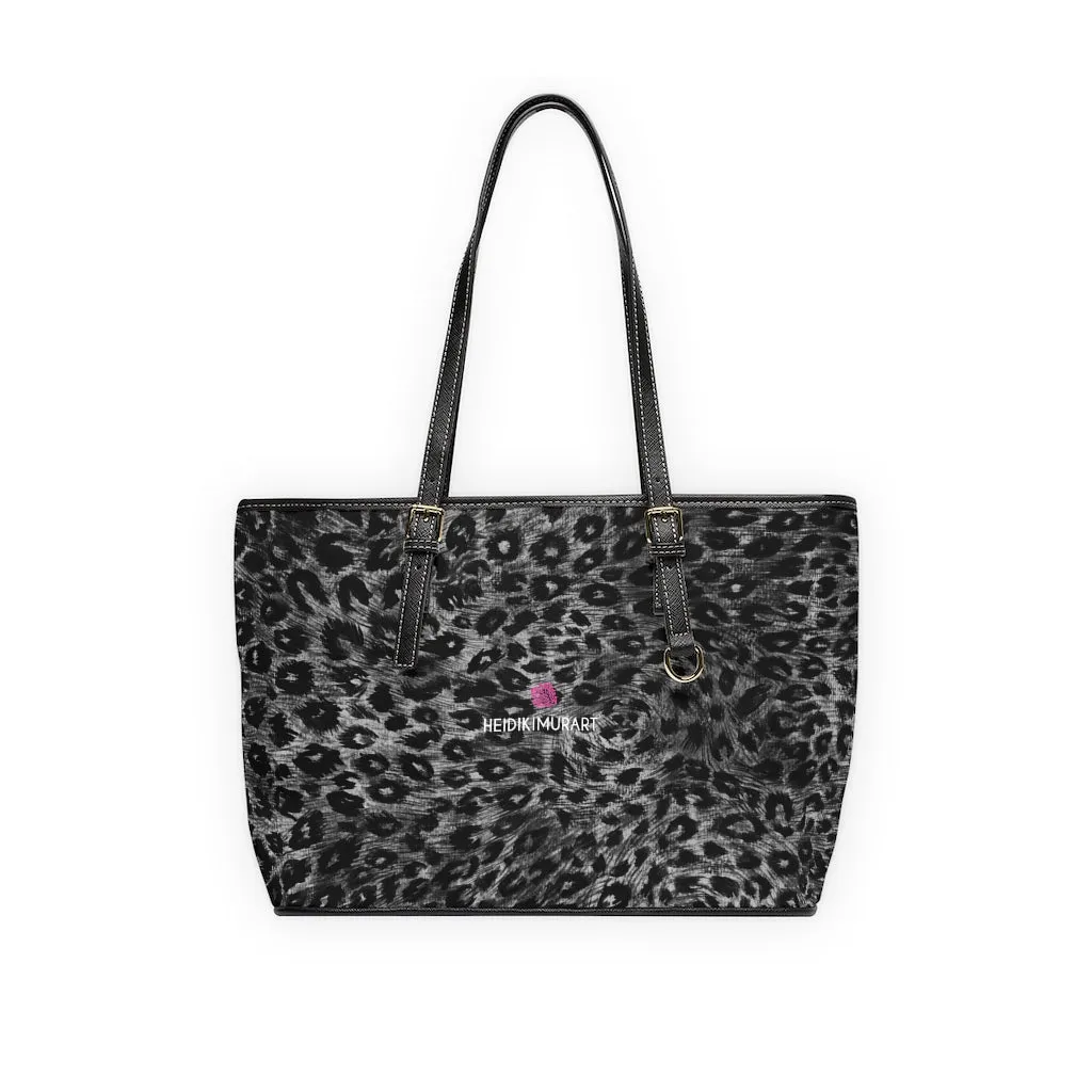 Grey Leopard Best Tote Bag, Animal Print PU Leather Shoulder Hand Work Bag 17"x11"/ 16"x10"