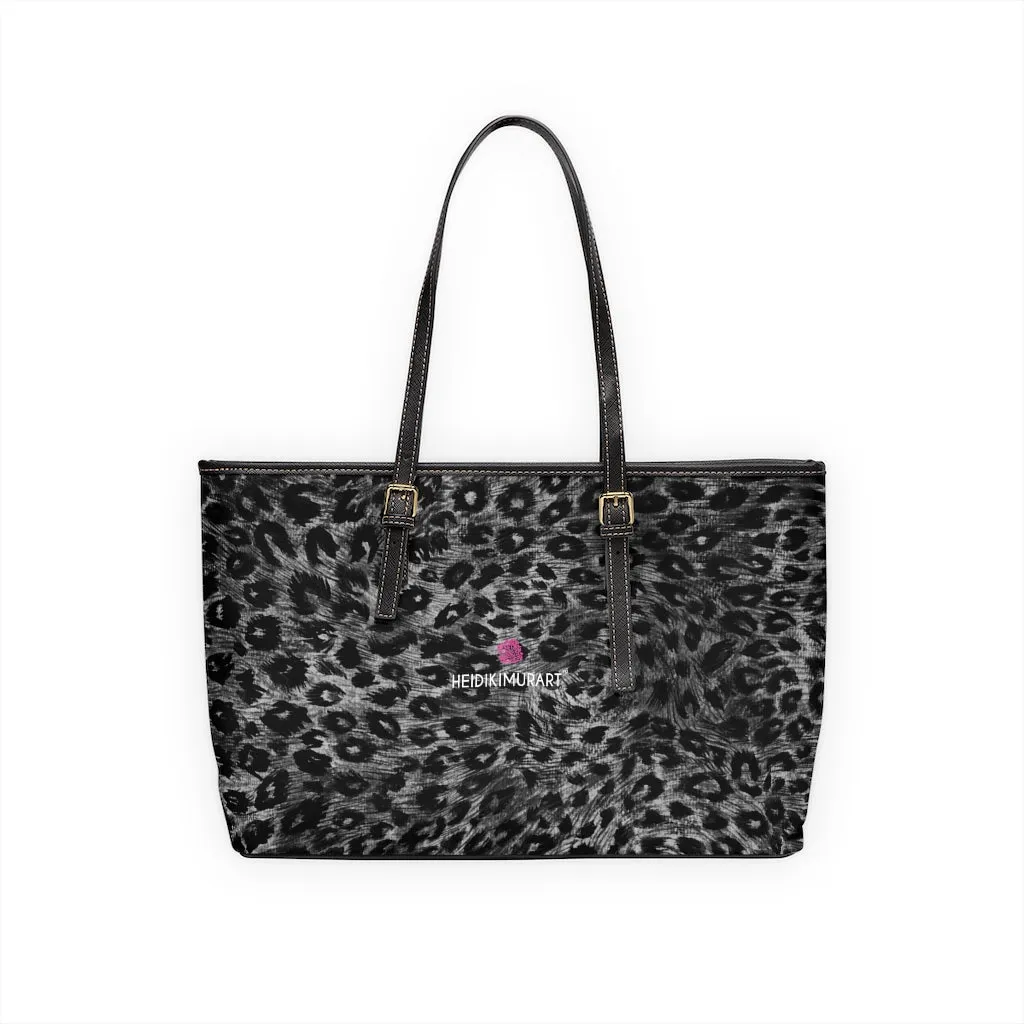 Grey Leopard Best Tote Bag, Animal Print PU Leather Shoulder Hand Work Bag 17"x11"/ 16"x10"