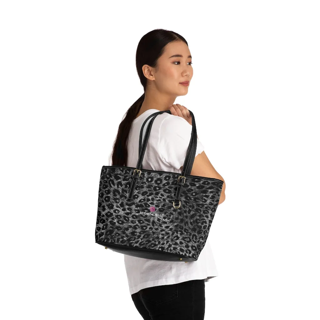 Grey Leopard Best Tote Bag, Animal Print PU Leather Shoulder Hand Work Bag 17"x11"/ 16"x10"