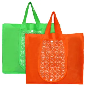 Heart Home Non-Woven Foldable Shopping Bag|Reusable Travel Tote Bag|Gift Bag|Grocery Bag For Vegetable|One Small Pocket|Pack of 2 (Green & Orange)