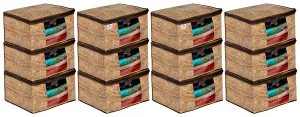 Heart Home Wooden Print Non Woven Fabric Saree Cover|Clothes Organiser For Wardrobe|Transparent Window|Extra Large, Pack of 12 (Brown)