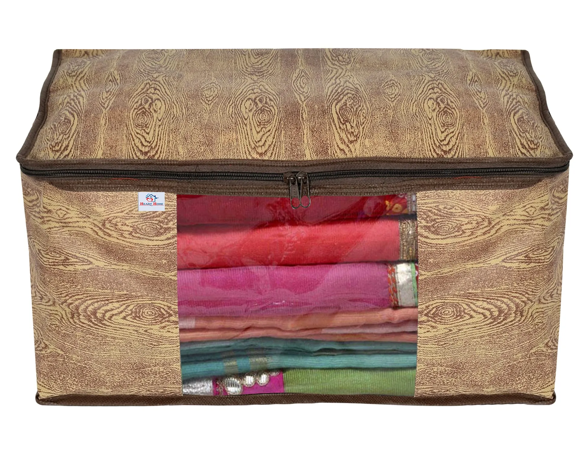 Heart Home Wooden Print Non Woven Fabric Saree Cover|Clothes Organiser For Wardrobe|Transparent Window|Extra Large, Pack of 12 (Brown)