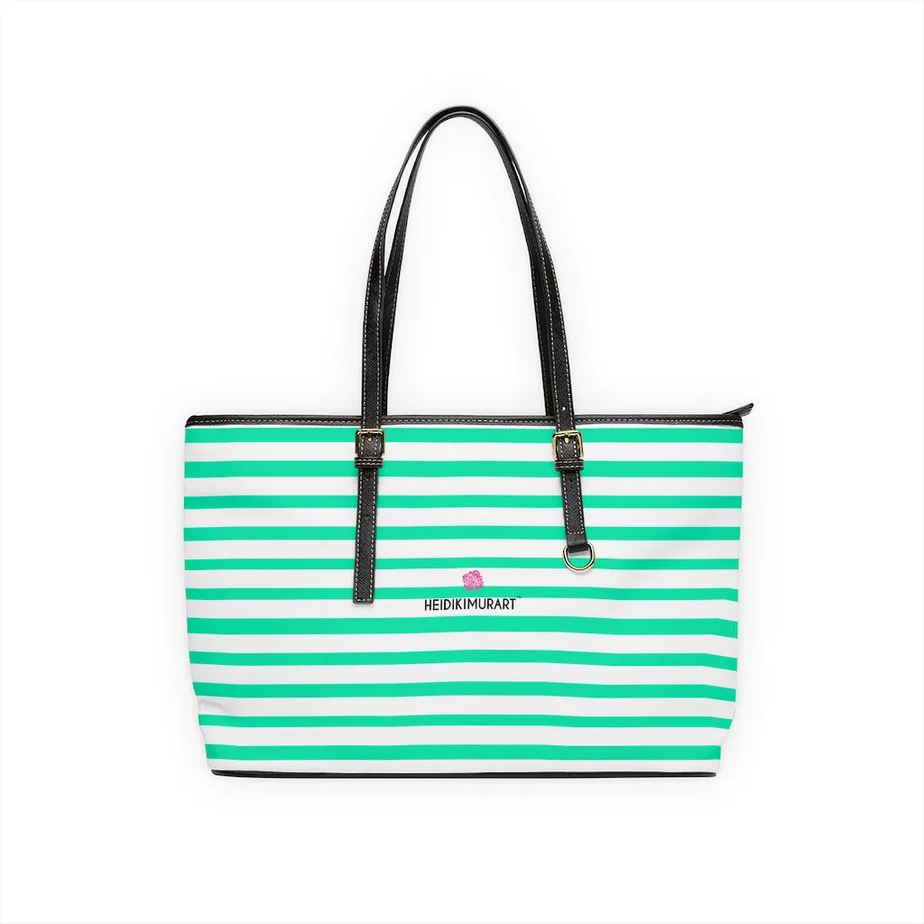 Horizontal Blue Stripes Tote Bag, Best Designer PU Leather Shoulder Hand Work Bag 17"x11"/ 16"x10"