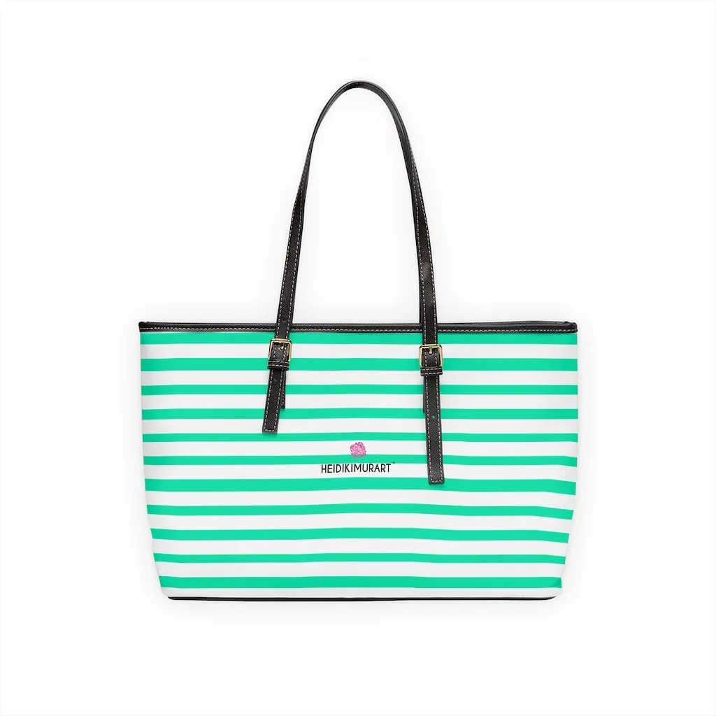 Horizontal Blue Stripes Tote Bag, Best Designer PU Leather Shoulder Hand Work Bag 17"x11"/ 16"x10"