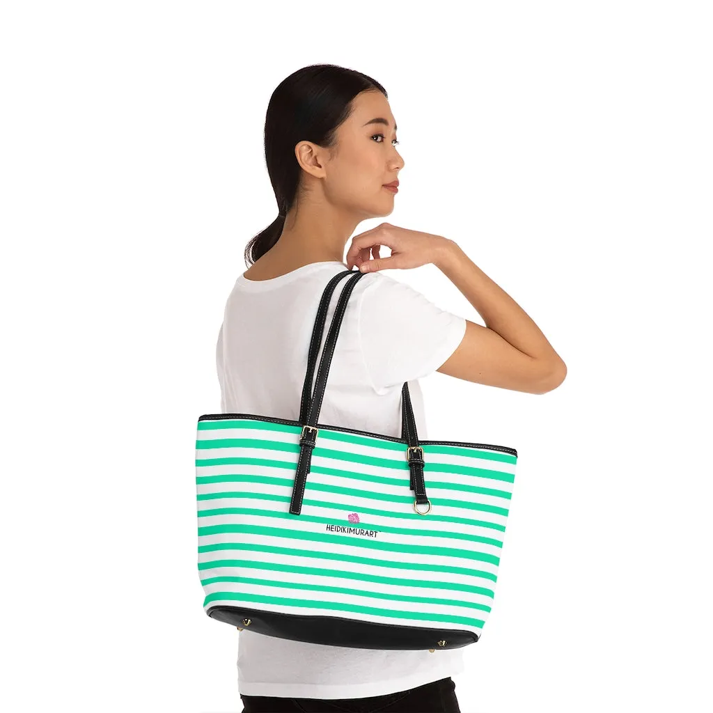 Horizontal Blue Stripes Tote Bag, Best Designer PU Leather Shoulder Hand Work Bag 17"x11"/ 16"x10"