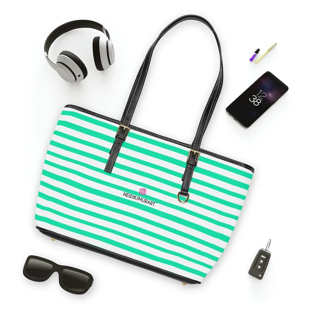 Horizontal Blue Stripes Tote Bag, Best Designer PU Leather Shoulder Hand Work Bag 17"x11"/ 16"x10"