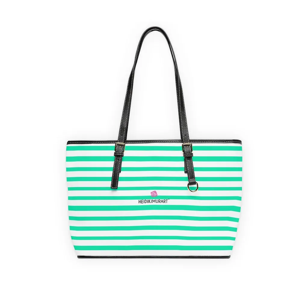 Horizontal Blue Stripes Tote Bag, Best Designer PU Leather Shoulder Hand Work Bag 17"x11"/ 16"x10"