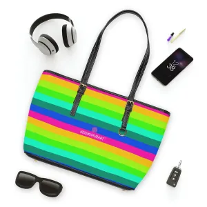 Horizontal Rainbow Stripes Tote Bag, Best Designer PU Leather Shoulder Hand Work Bag 17"x11"/ 16"x10"