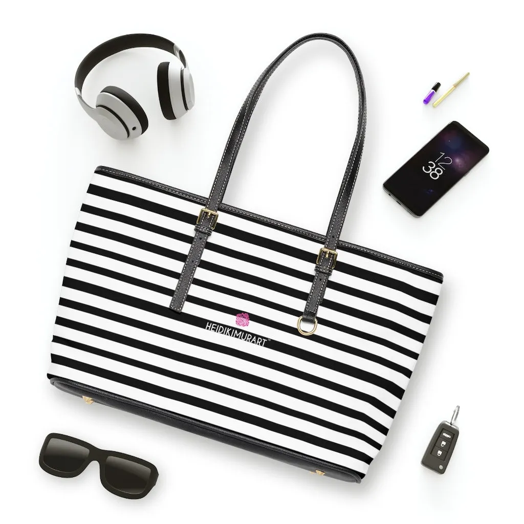 Horizontal Stripes Best Tote Bag, 17"x11"/ 16"x10" Designer Striped PU Leather Shoulder Hand Bag