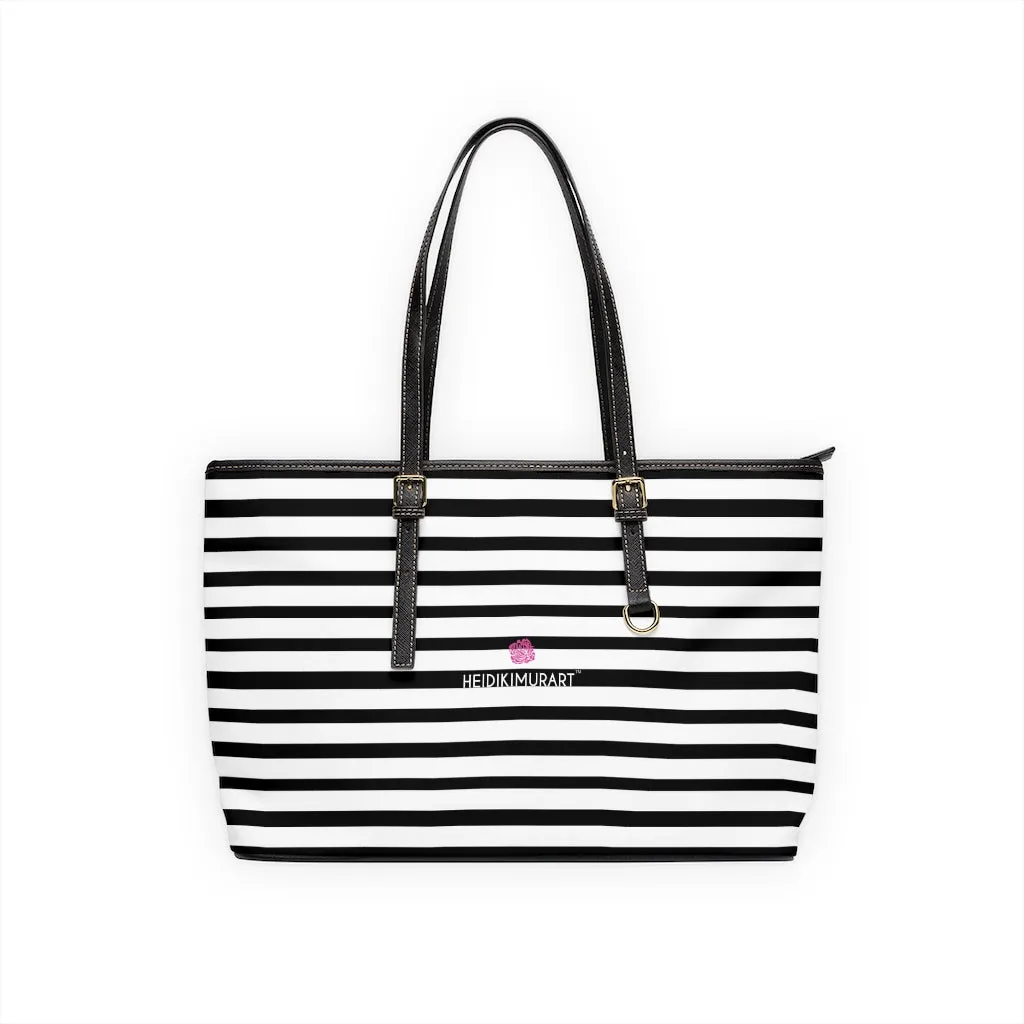 Horizontal Stripes Best Tote Bag, 17"x11"/ 16"x10" Designer Striped PU Leather Shoulder Hand Bag