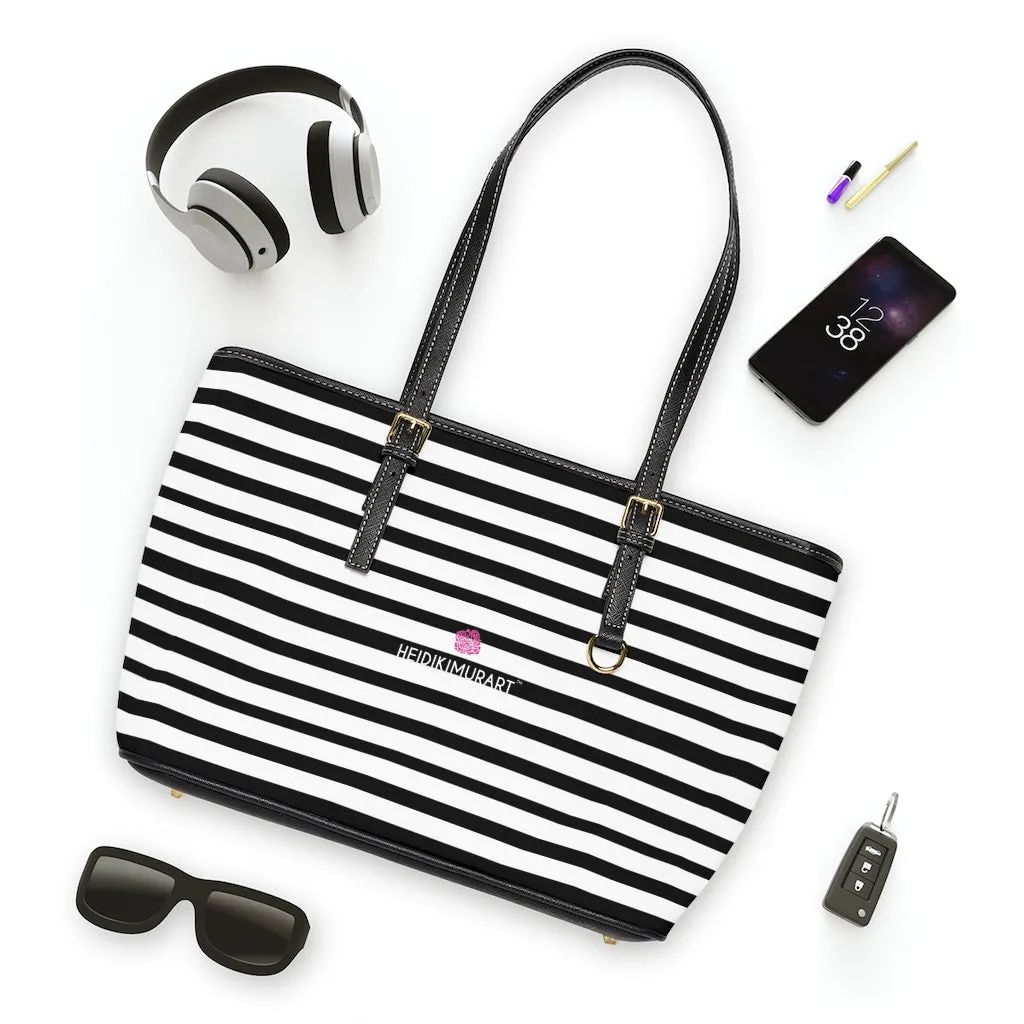 Horizontal Stripes Best Tote Bag, 17"x11"/ 16"x10" Designer Striped PU Leather Shoulder Hand Bag