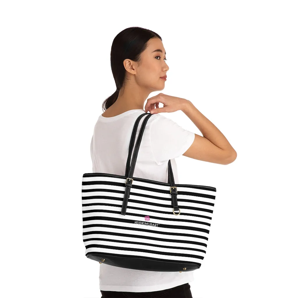 Horizontal Stripes Best Tote Bag, 17"x11"/ 16"x10" Designer Striped PU Leather Shoulder Hand Bag