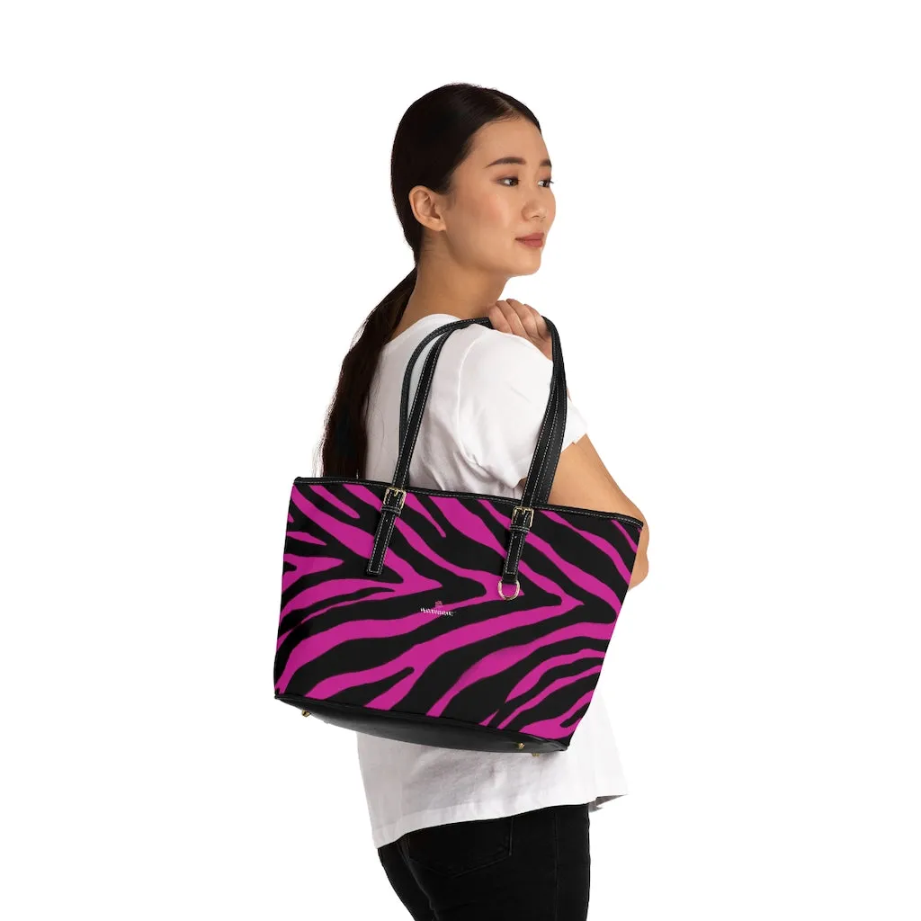 Hot Pink Zebra Tote Bag, Animal Print PU Leather Shoulder Hand Work Bag 17"x11"/ 16"x10" For Ladies