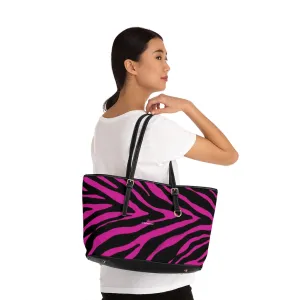 Hot Pink Zebra Tote Bag, Animal Print PU Leather Shoulder Hand Work Bag 17"x11"/ 16"x10" For Ladies